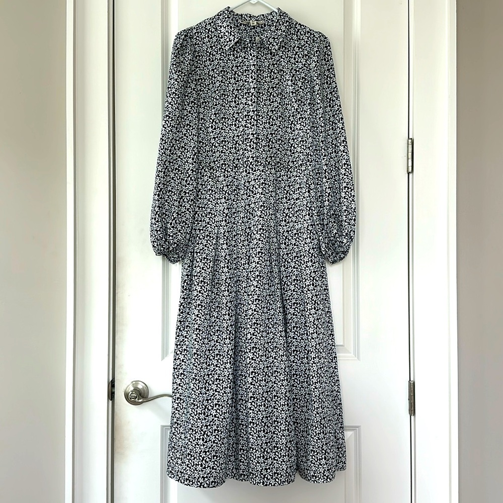 Boden long sleeve navy and white patterned dress